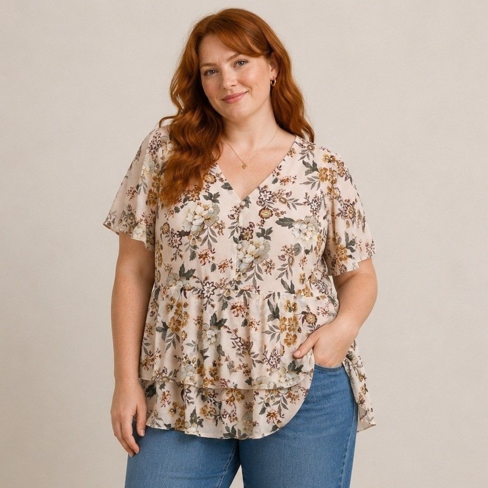 Torrid‎ Womens Pink Floral V-Neck Tiered Peplum Chiffon Blouse Top Plus Size 2